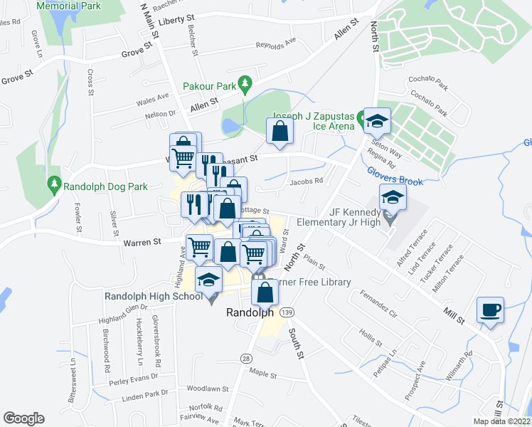map of restaurants, bars, coffee shops, grocery stores, and more near 52R Cottage Street in Randolph