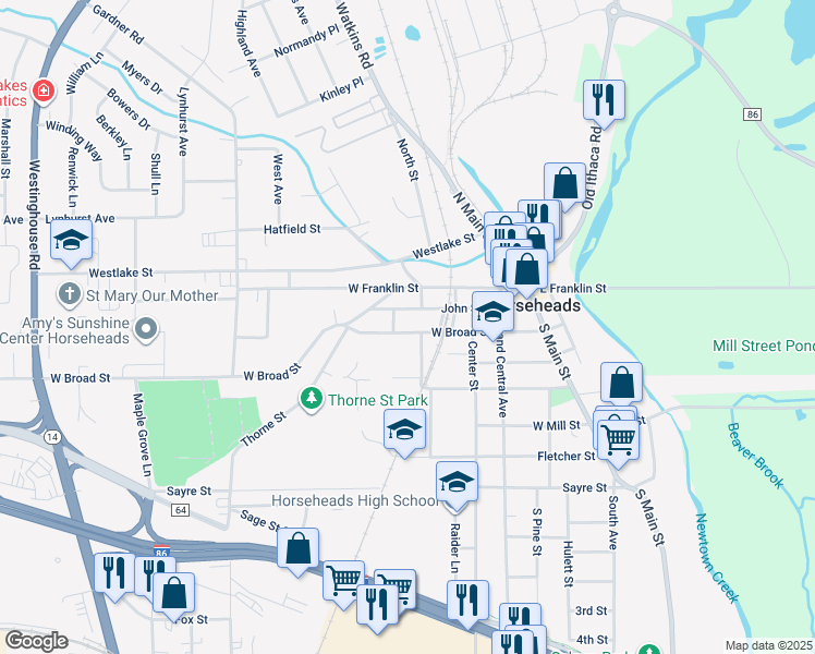map of restaurants, bars, coffee shops, grocery stores, and more near 408 West Broad Street in Horseheads