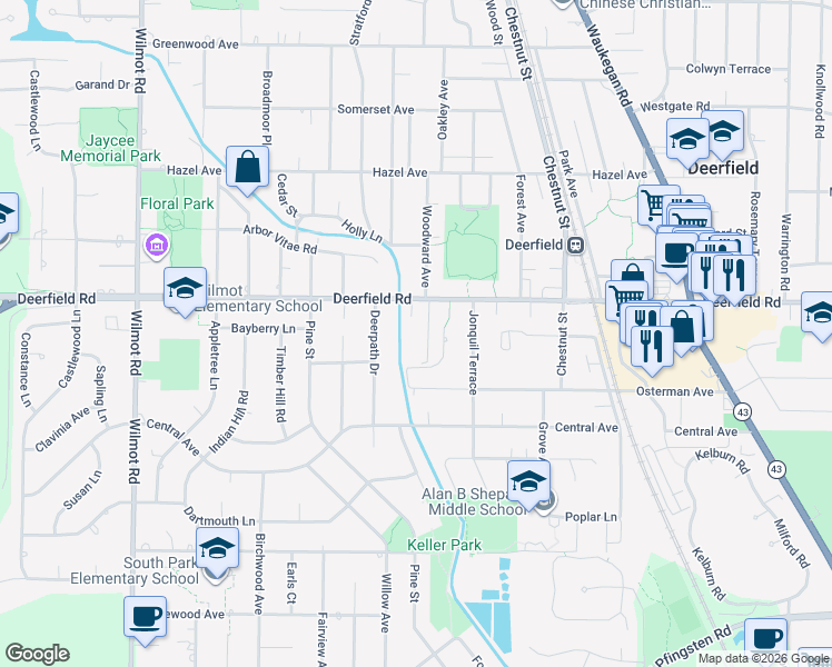 map of restaurants, bars, coffee shops, grocery stores, and more near 1155 Deerfield Road in Deerfield