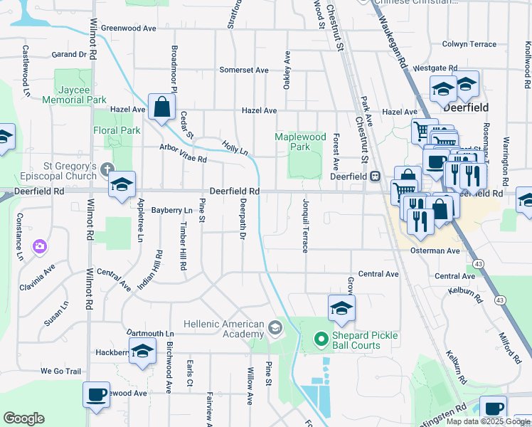 map of restaurants, bars, coffee shops, grocery stores, and more near 1155 Deerfield Road in Deerfield