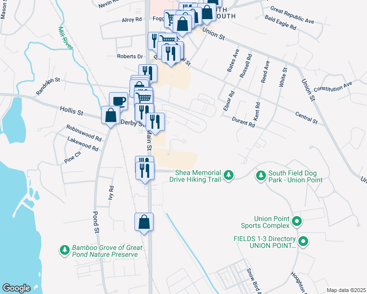 map of restaurants, bars, coffee shops, grocery stores, and more near 55 Greentree Lane in Weymouth