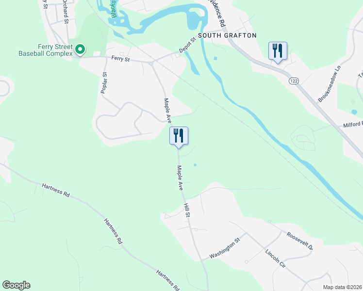 map of restaurants, bars, coffee shops, grocery stores, and more near 57 Maple Avenue in Grafton