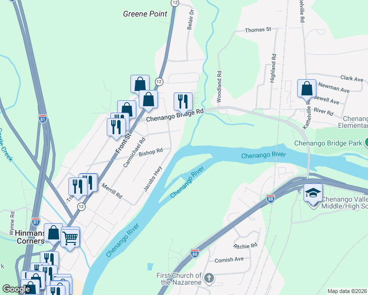 map of restaurants, bars, coffee shops, grocery stores, and more near 154 Bishop Road in Binghamton