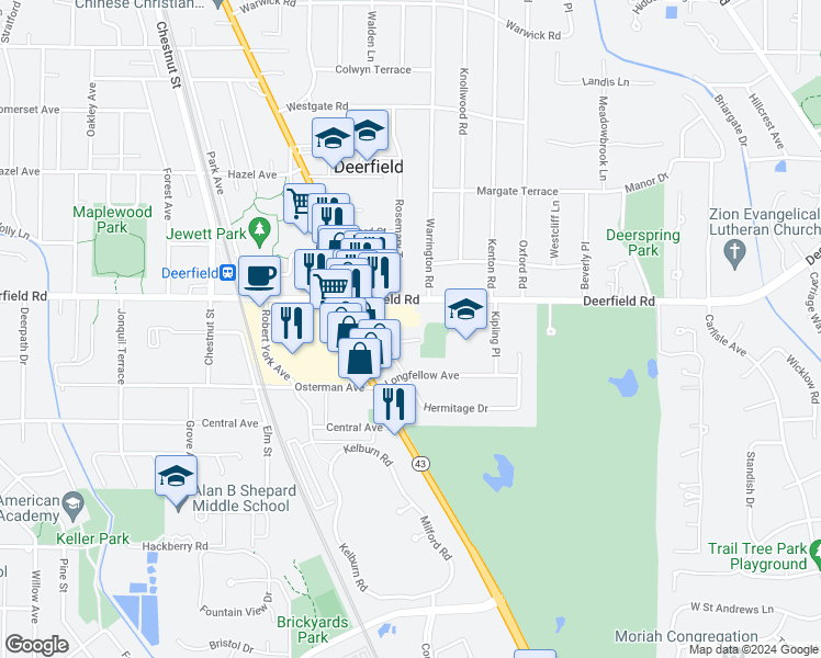 map of restaurants, bars, coffee shops, grocery stores, and more near 568 Whittier Avenue in Deerfield