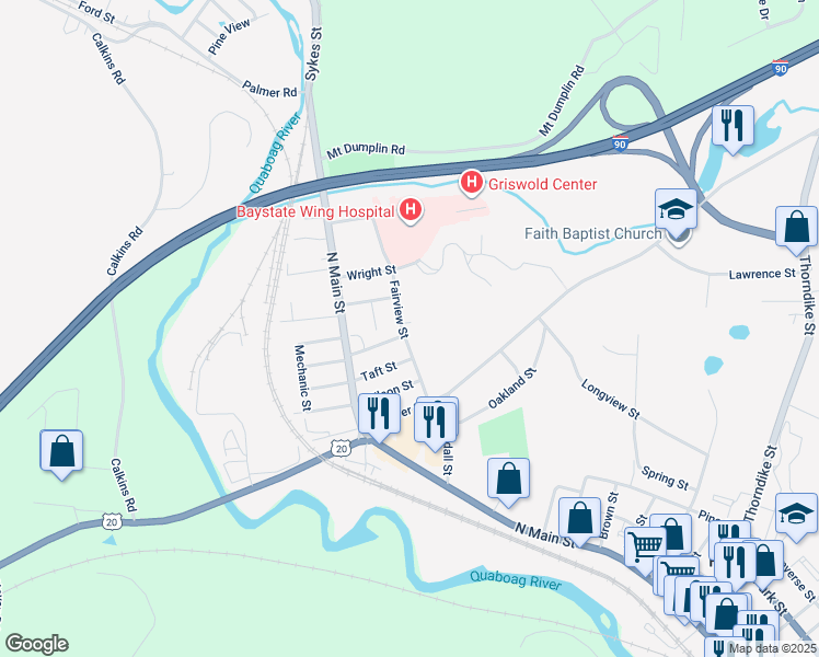 map of restaurants, bars, coffee shops, grocery stores, and more near 57 Fairview Street in Palmer