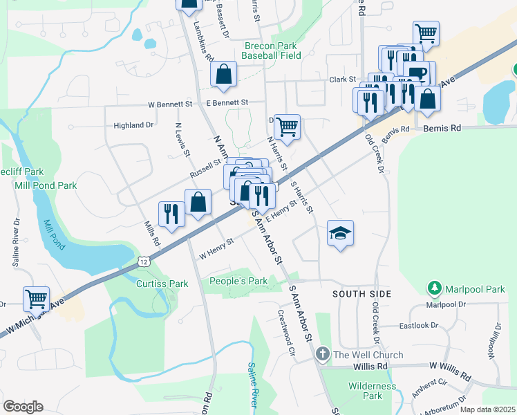 map of restaurants, bars, coffee shops, grocery stores, and more near 101 South Ann Arbor Street in Saline