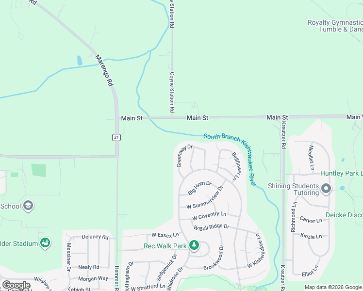 map of restaurants, bars, coffee shops, grocery stores, and more near 11214 Greenway Drive in Huntley