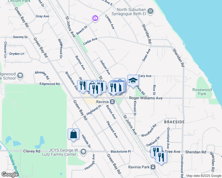 map of restaurants, bars, coffee shops, grocery stores, and more near 761 Saint Johns Avenue in Highland Park