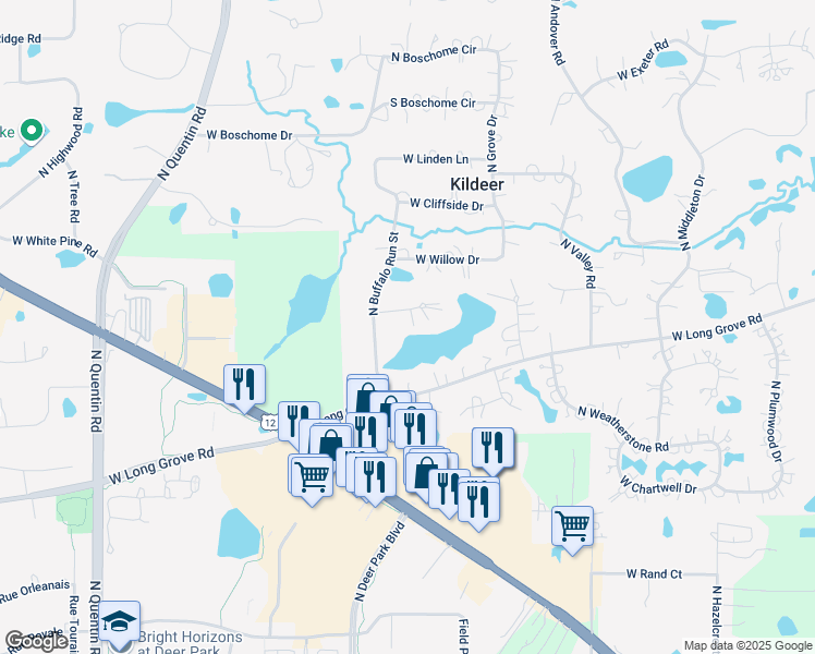 map of restaurants, bars, coffee shops, grocery stores, and more near 21345 West York Court in Kildeer