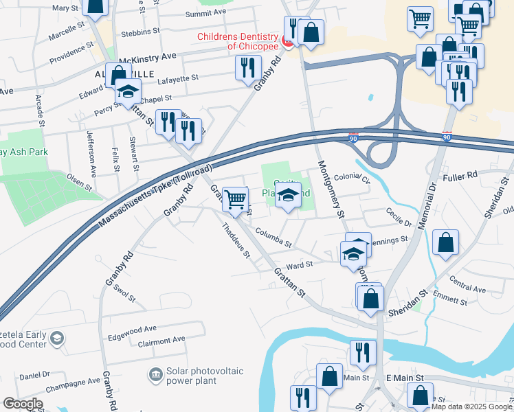 map of restaurants, bars, coffee shops, grocery stores, and more near 45 Brightwood Street in Chicopee