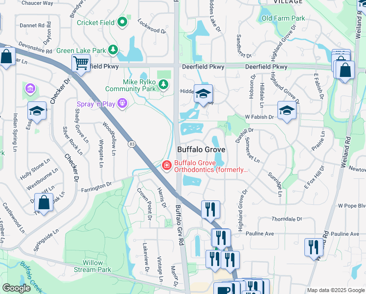 map of restaurants, bars, coffee shops, grocery stores, and more near 726 Alsace Circle in Buffalo Grove