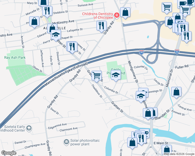 map of restaurants, bars, coffee shops, grocery stores, and more near 16 Brightwood Street in Chicopee