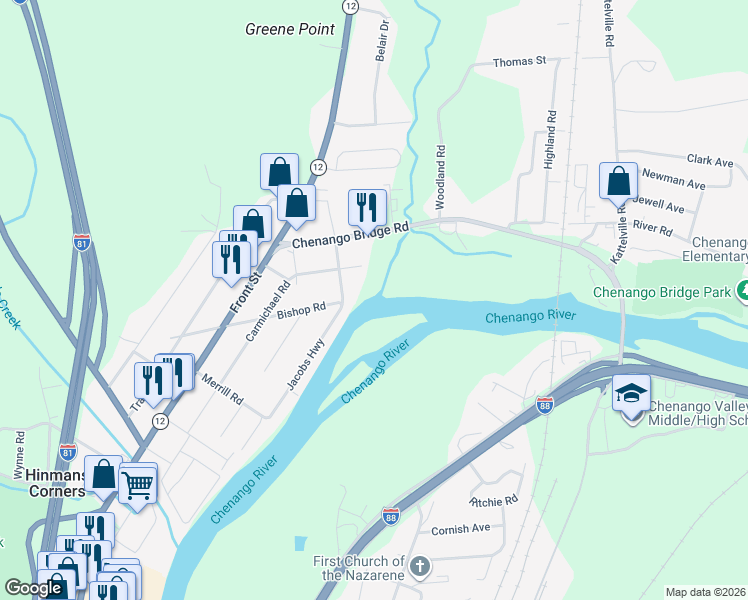 map of restaurants, bars, coffee shops, grocery stores, and more near 154 Bishop Road in Binghamton