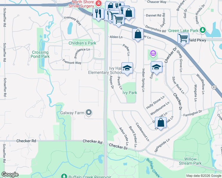 map of restaurants, bars, coffee shops, grocery stores, and more near 787 Aspen Drive in Buffalo Grove