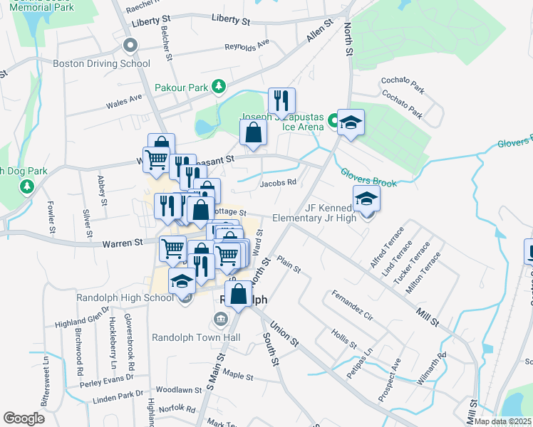 map of restaurants, bars, coffee shops, grocery stores, and more near 82 Cottage Street in Randolph