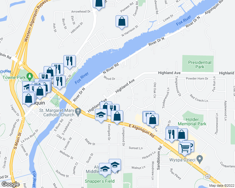map of restaurants, bars, coffee shops, grocery stores, and more near 314 Olin Court in Algonquin