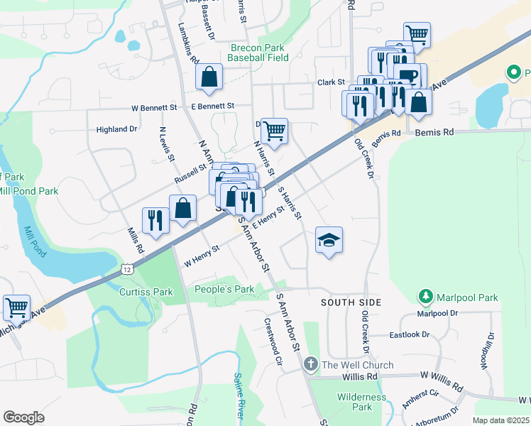map of restaurants, bars, coffee shops, grocery stores, and more near 118 East Michigan Avenue in Saline
