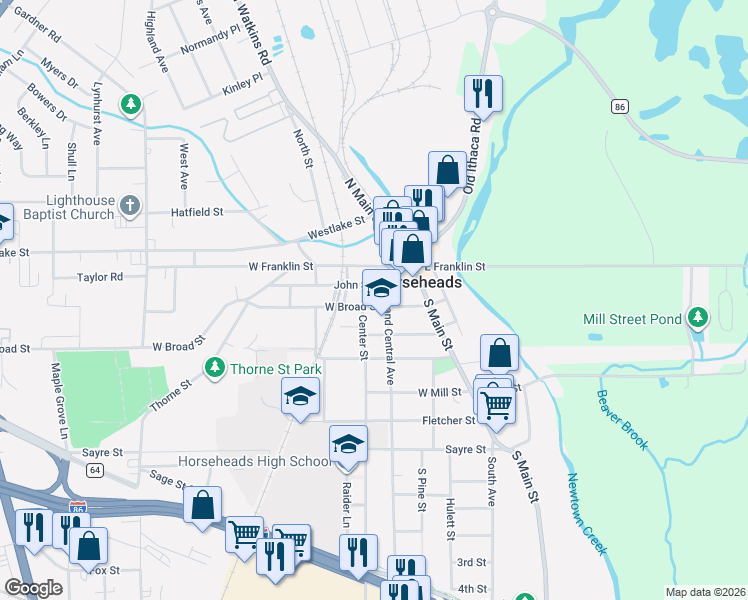 map of restaurants, bars, coffee shops, grocery stores, and more near 212 W Broad St in Horseheads
