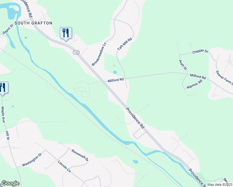 map of restaurants, bars, coffee shops, grocery stores, and more near 397 Providence Road in Grafton