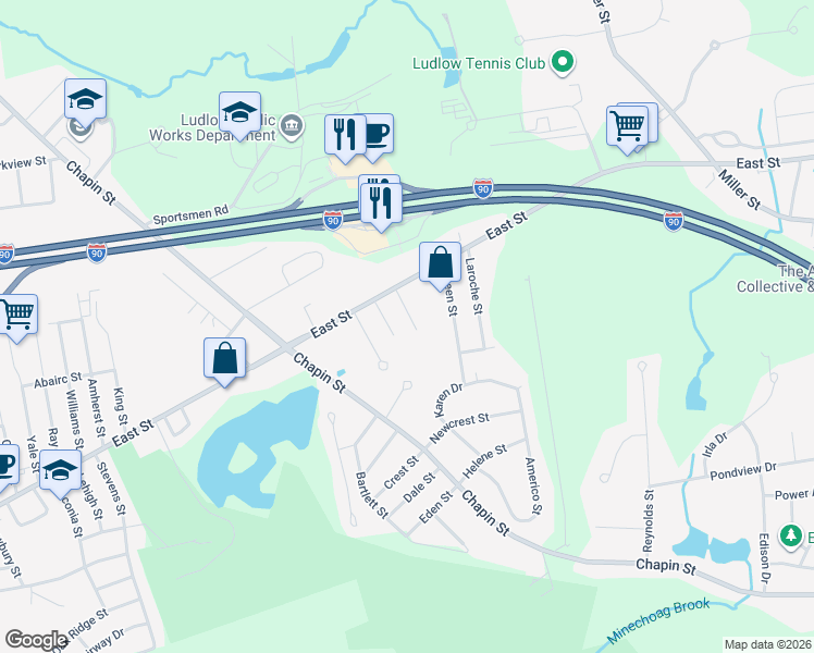 map of restaurants, bars, coffee shops, grocery stores, and more near 40 Brunelle Street in Ludlow