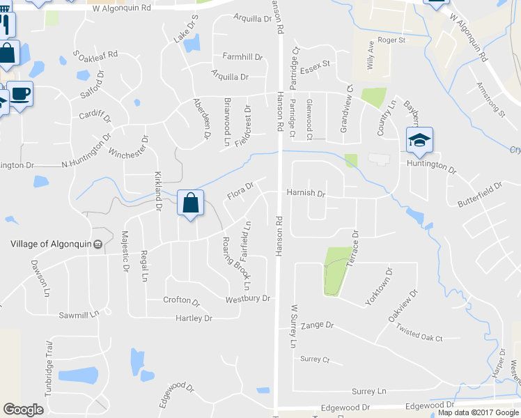 map of restaurants, bars, coffee shops, grocery stores, and more near 604 Sandpiper Court in Algonquin