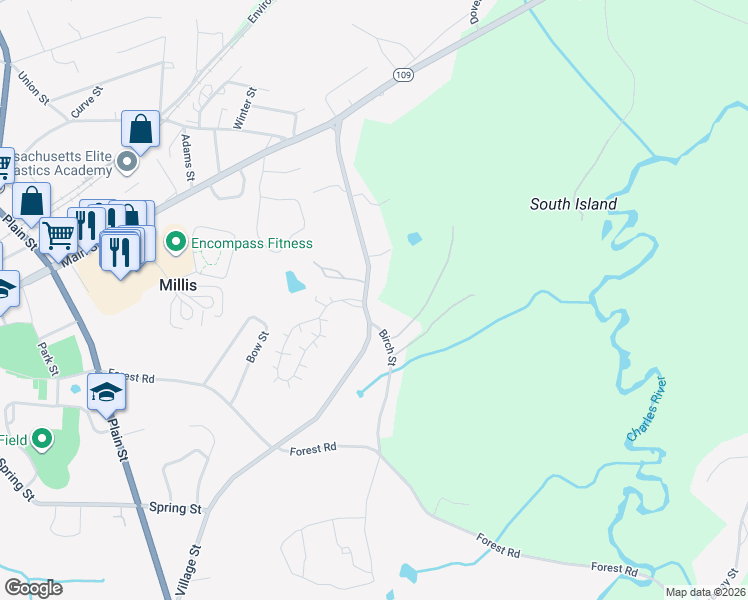 map of restaurants, bars, coffee shops, grocery stores, and more near 60 Village Street in Millis