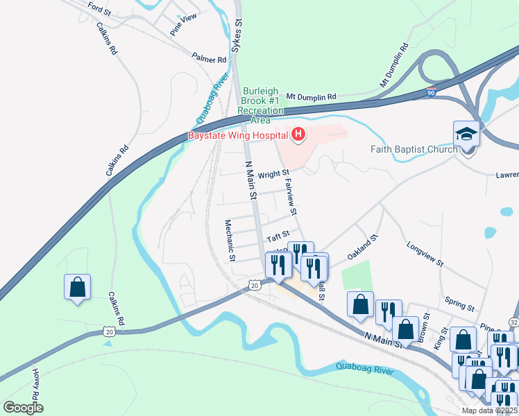 map of restaurants, bars, coffee shops, grocery stores, and more near 1673 North Main Street in Palmer