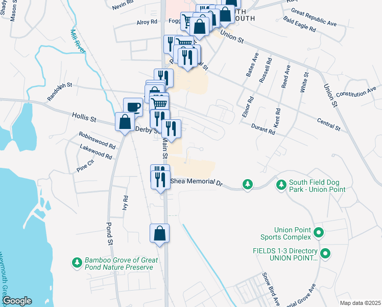 map of restaurants, bars, coffee shops, grocery stores, and more near 59 Greentree Lane in Weymouth