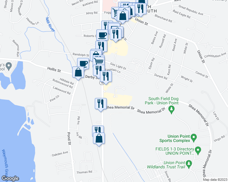 map of restaurants, bars, coffee shops, grocery stores, and more near 59 Greentree Lane in Weymouth