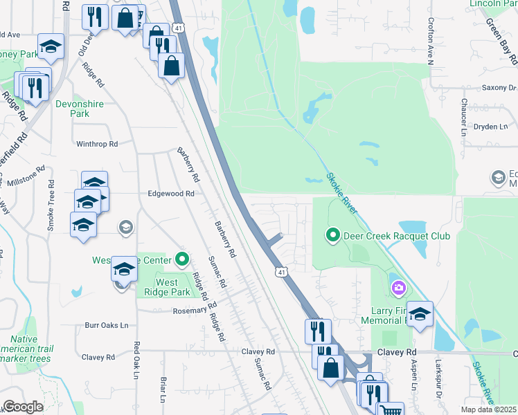 map of restaurants, bars, coffee shops, grocery stores, and more near 1499 Avignon Court in Highland Park