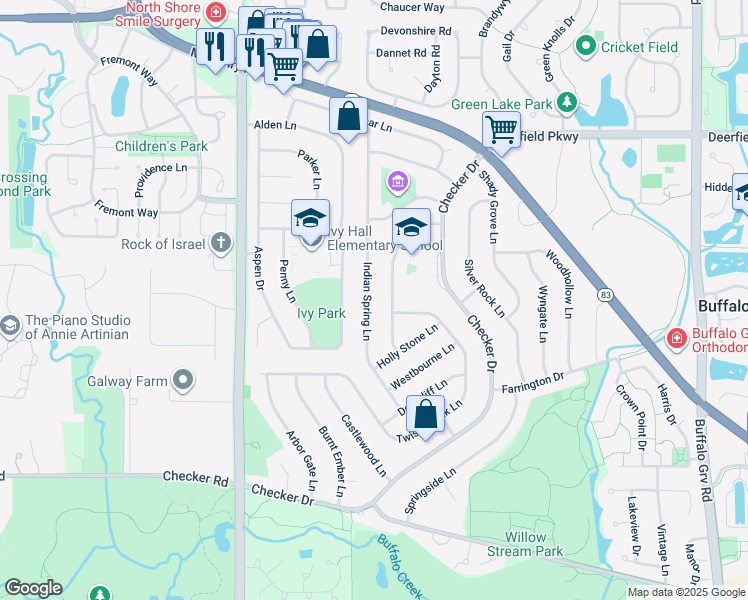 map of restaurants, bars, coffee shops, grocery stores, and more near 700 Indian Spring Lane in Buffalo Grove