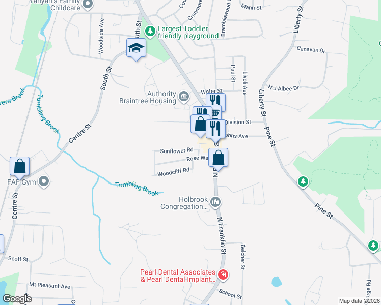 map of restaurants, bars, coffee shops, grocery stores, and more near 4 Sunflower Road in Holbrook