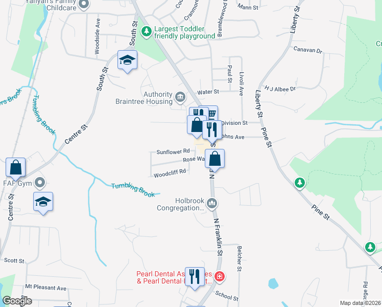 map of restaurants, bars, coffee shops, grocery stores, and more near 4 Sunflower Road in Holbrook