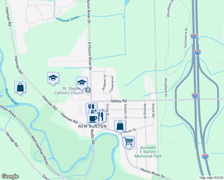 map of restaurants, bars, coffee shops, grocery stores, and more near 18641 Lawerance in Wayne County