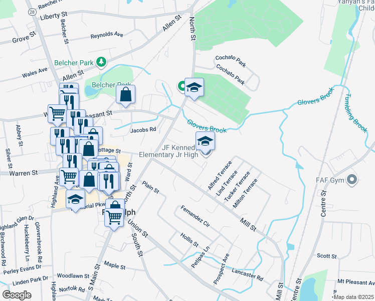 map of restaurants, bars, coffee shops, grocery stores, and more near Thompson Drive in Randolph