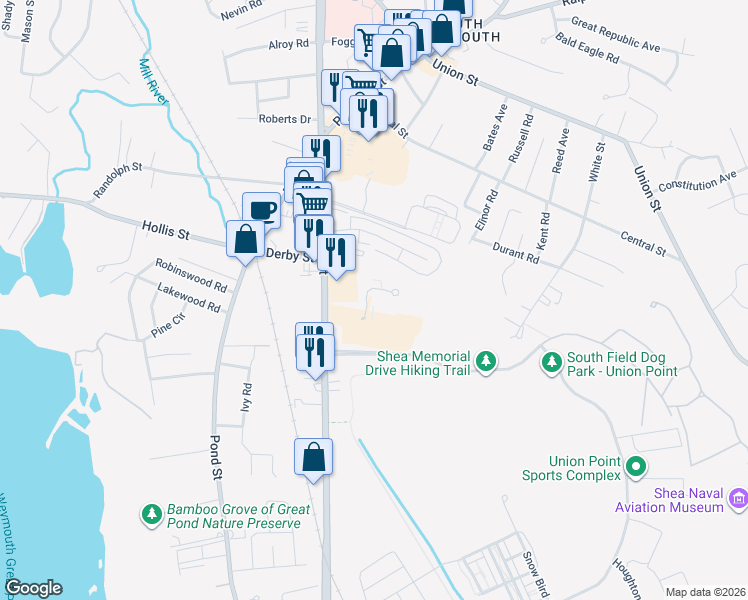 map of restaurants, bars, coffee shops, grocery stores, and more near 59 Greentree Lane in Weymouth