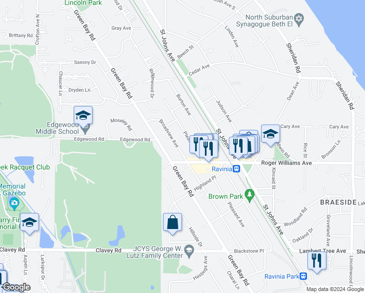 map of restaurants, bars, coffee shops, grocery stores, and more near 765 Broadview Ave in Highland Park