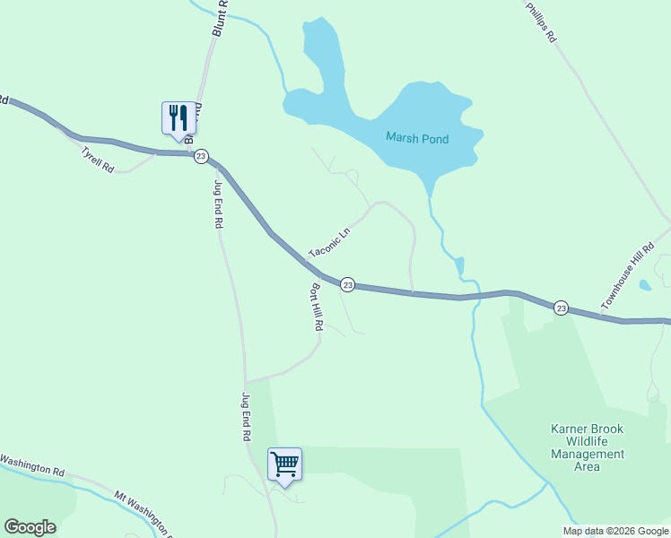 map of restaurants, bars, coffee shops, grocery stores, and more near 186 Hillsdale Road in Great Barrington