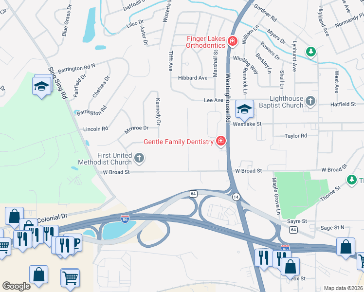 map of restaurants, bars, coffee shops, grocery stores, and more near 123 Sunset Drive in Horseheads