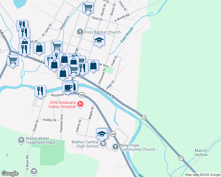 map of restaurants, bars, coffee shops, grocery stores, and more near 12 High St in Walton