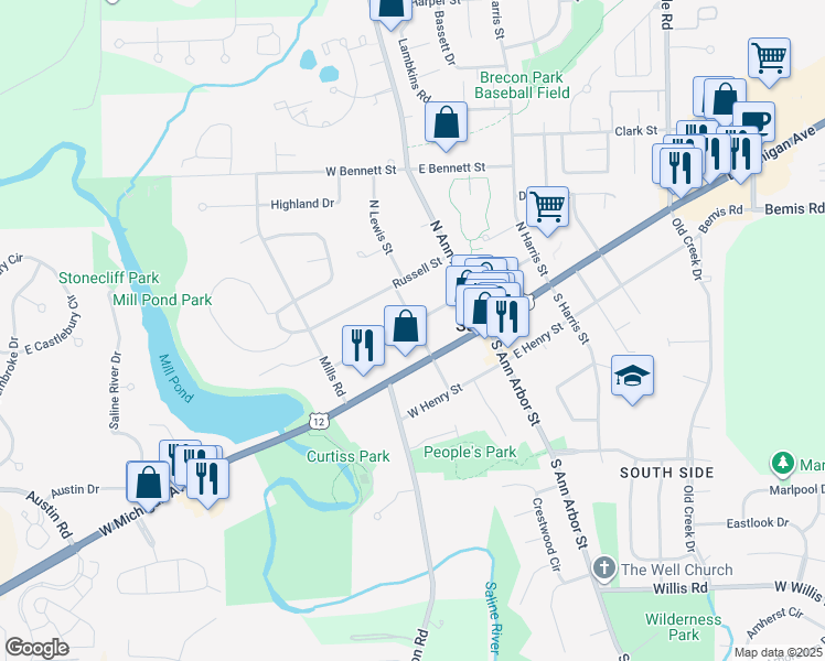 map of restaurants, bars, coffee shops, grocery stores, and more near 113 North Lewis Street in Saline