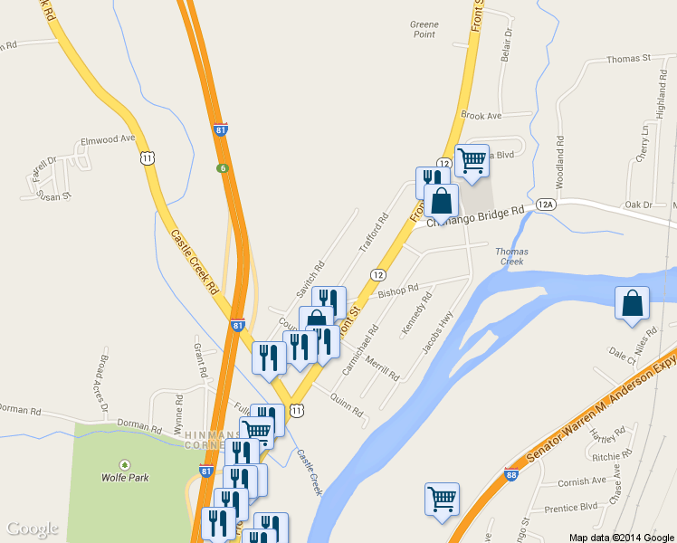 map of restaurants, bars, coffee shops, grocery stores, and more near 51 Trafford Rd in Binghamton