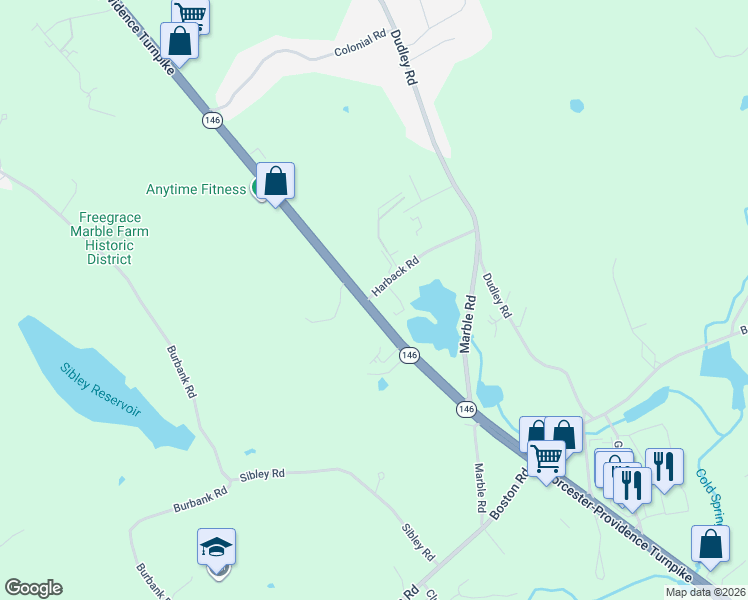 map of restaurants, bars, coffee shops, grocery stores, and more near 99 Worcester-Providence Turnpike in Sutton