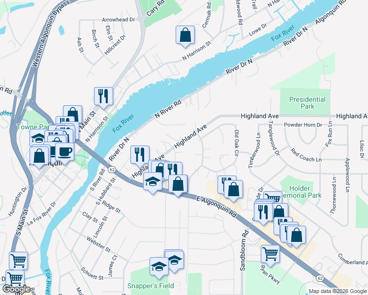 map of restaurants, bars, coffee shops, grocery stores, and more near 314 Olin Court in Algonquin