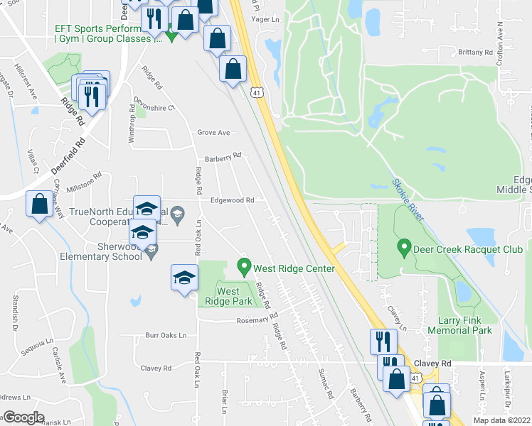 map of restaurants, bars, coffee shops, grocery stores, and more near 768 Barberry Road in Highland Park