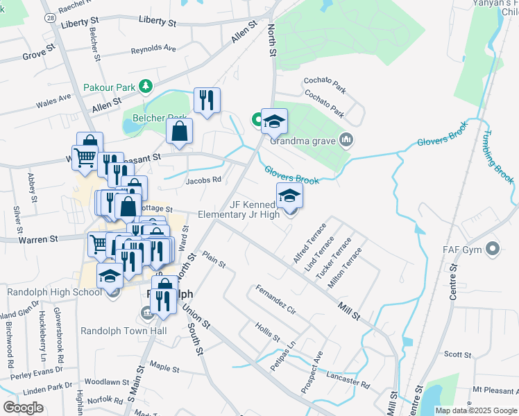 map of restaurants, bars, coffee shops, grocery stores, and more near 15 Thompson Drive in Randolph