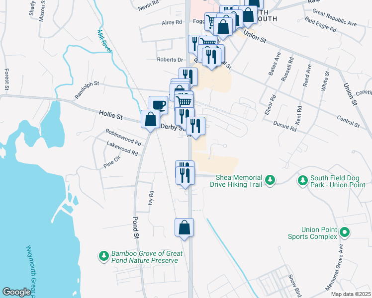map of restaurants, bars, coffee shops, grocery stores, and more near 1099 Main Street in Weymouth