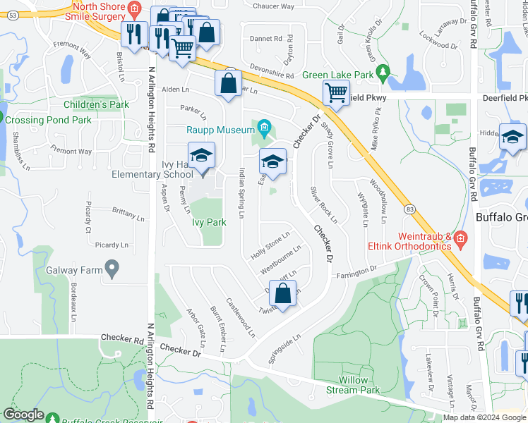 map of restaurants, bars, coffee shops, grocery stores, and more near 710 Essington Lane in Buffalo Grove