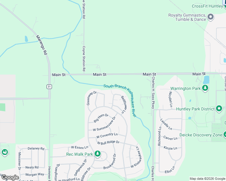 map of restaurants, bars, coffee shops, grocery stores, and more near 11206 Bellflower Lane in Huntley