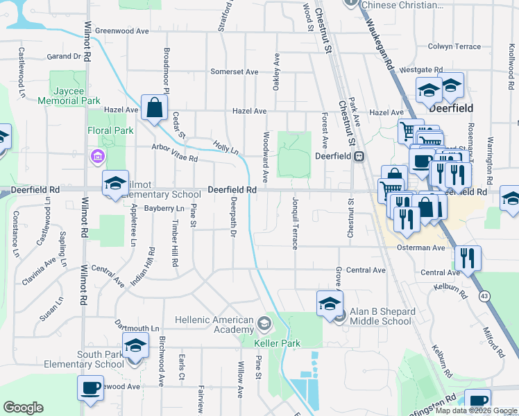 map of restaurants, bars, coffee shops, grocery stores, and more near 1155 Deerfield Road in Deerfield
